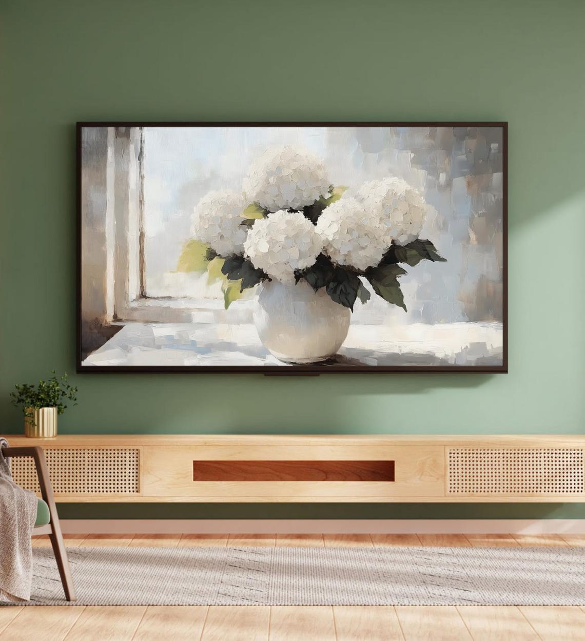 White Hydrangeas Vase Window Light Neutral Still Life Painting Poster - Image 5
