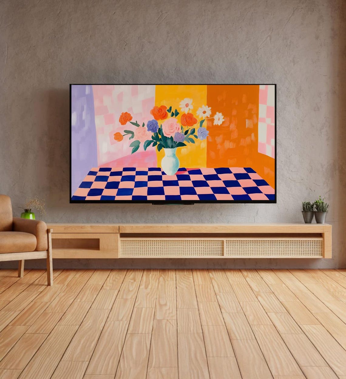 Colorful Flowers Vase Checkered Table Bold Modern Still Life Poster - Image 4
