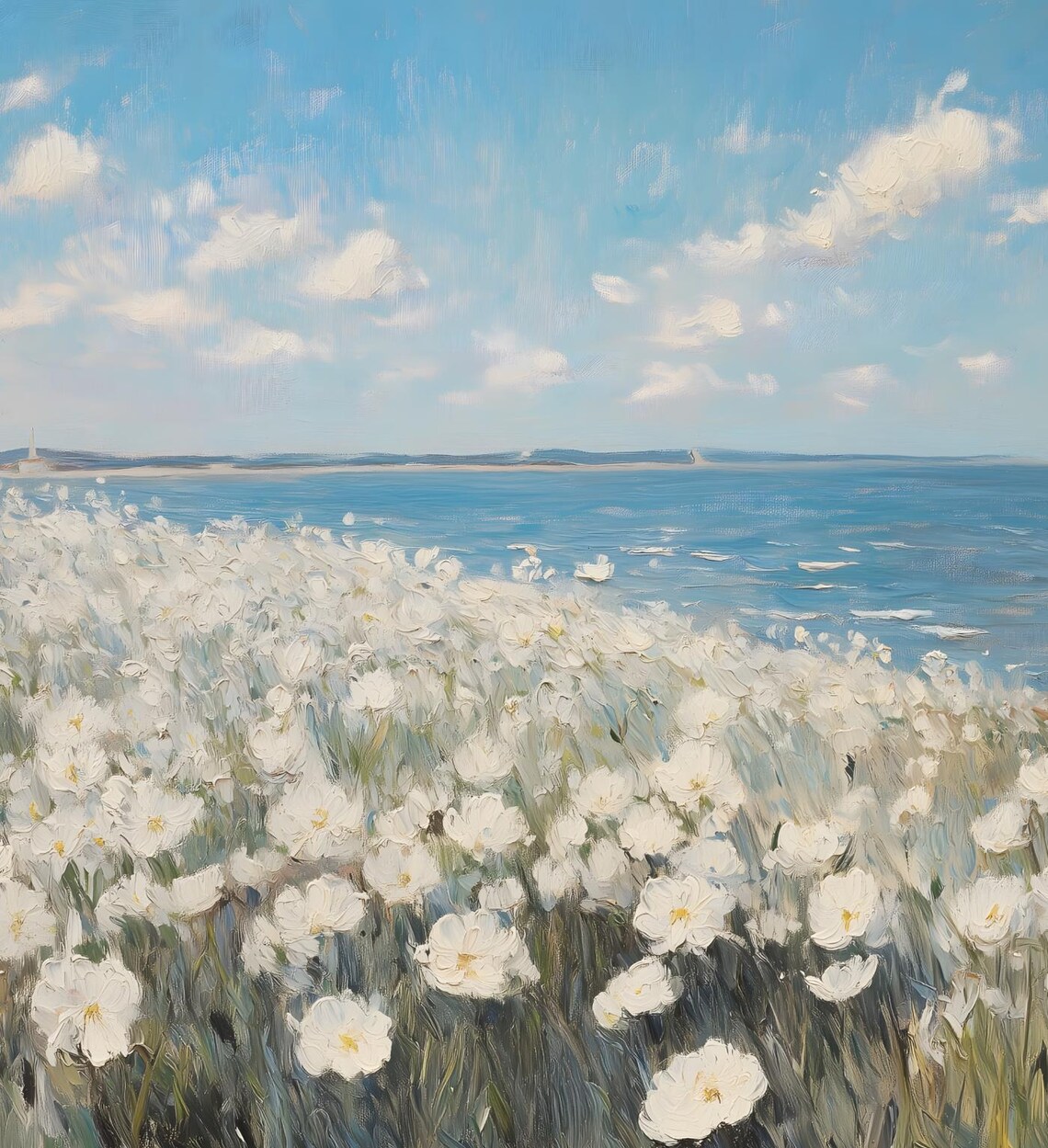 Coastal Wildflower Meadow White Blooms Ocean Horizon Summer Art Print - Image 6