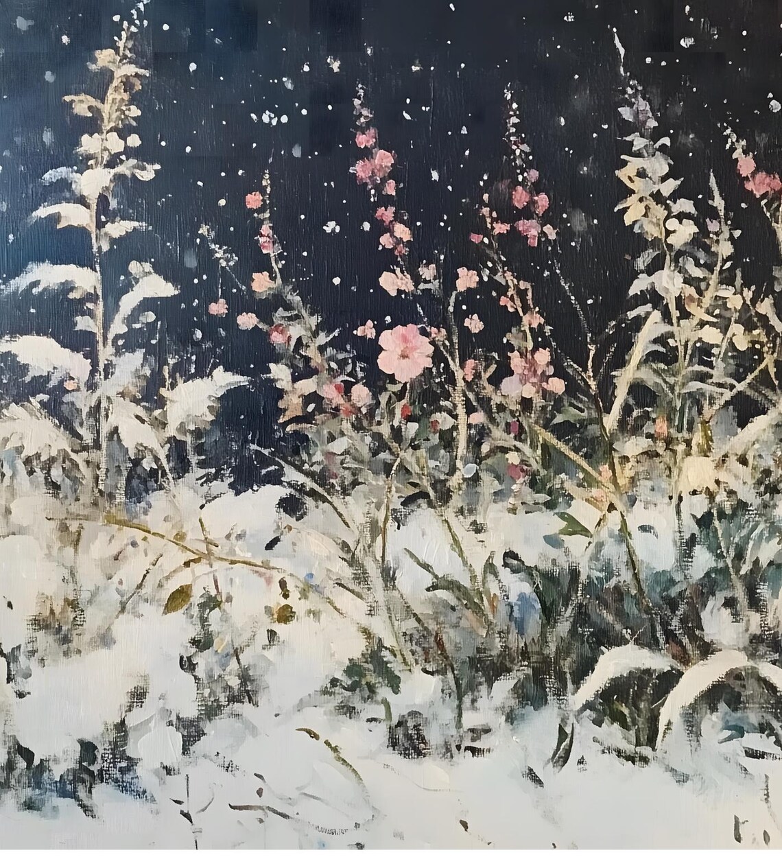 Moody Winter Garden Snow Night Pink Blooms Dark Floral Art Poster - Image 6