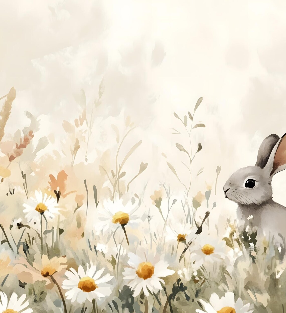 Gray Bunny Daisies Wildflower Meadow Watercolor Nursery Art Poster - Image 6