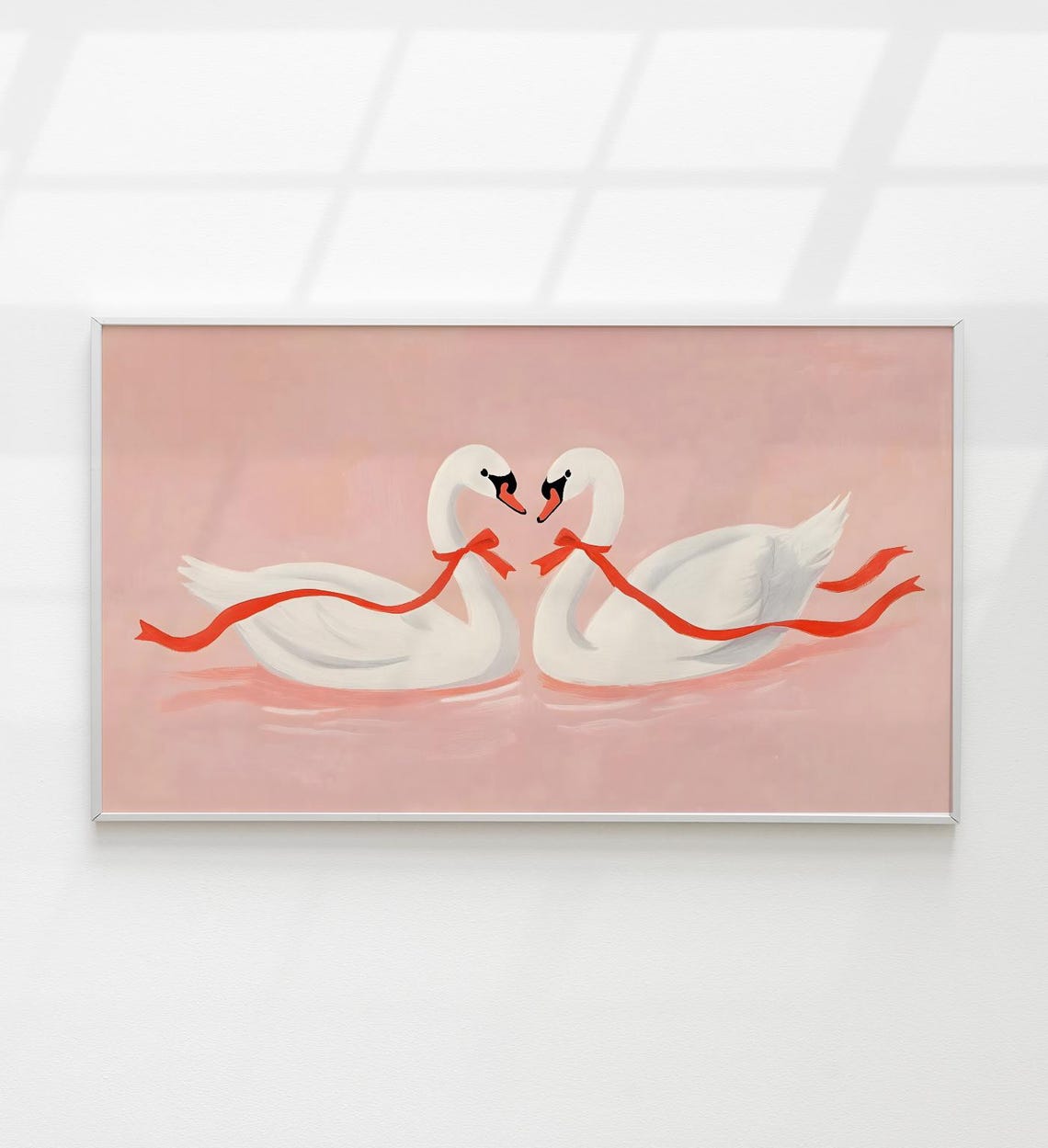 Romantic White Swans Red Ribbon Blush Pink Whimsical Art Poster