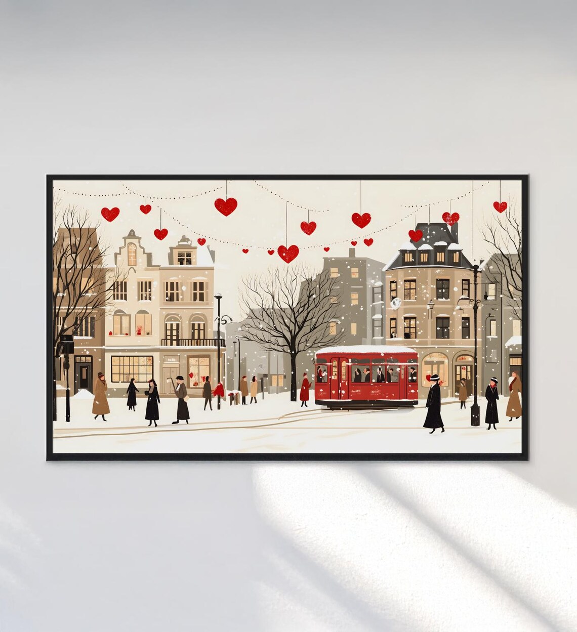 Retro Valentines Day Snowy City Street Tram Red Hearts Art Poster - Image 3