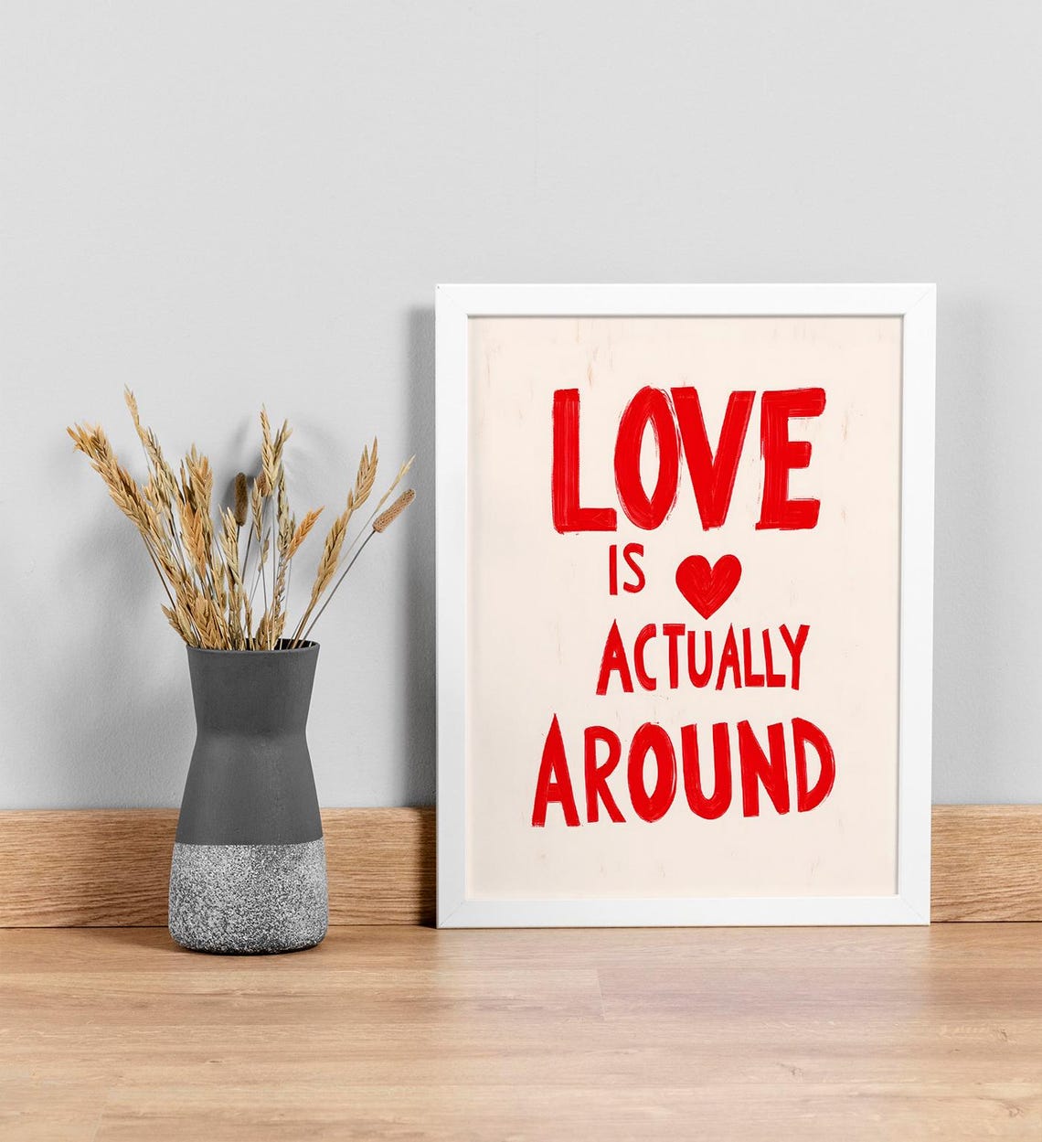 Love Is Actually Around Red Hand Lettered Quote Heart Art Print Poster - Image 3