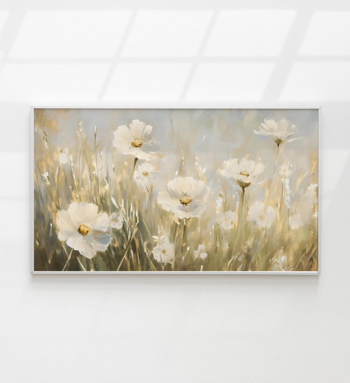 White Cosmos Flowers Golden Meadow Soft Vintage Floral Painting Poster