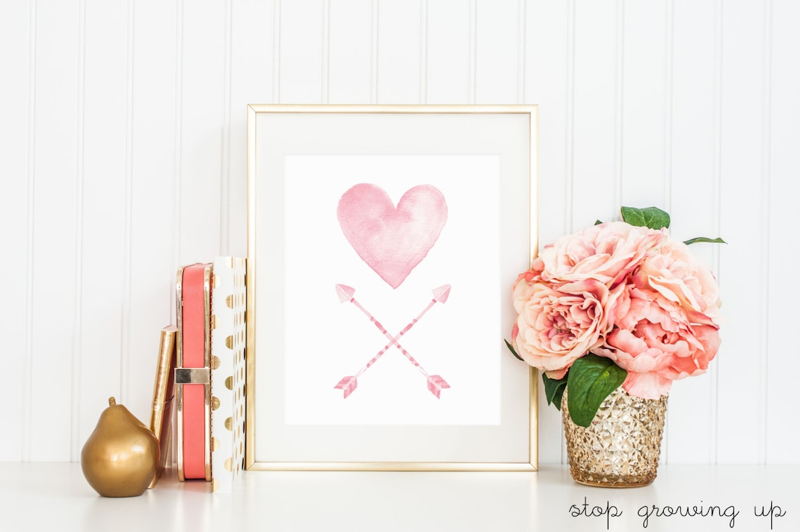 Pink Heart Arrows Watercolor Nursery Art Print