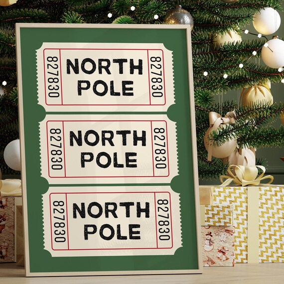 North Pole Ticket Stub Green Retro Christmas Holiday Decor Poster