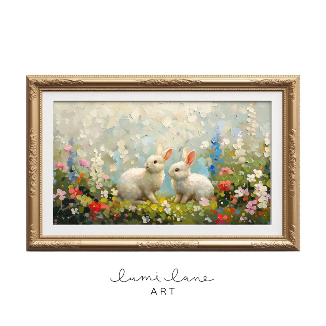 Spring Rabbits Art Pretty Florals Thick Oil Painting Texture Easter Bunny In Flowers Cute Rabbit Print Frame Tv