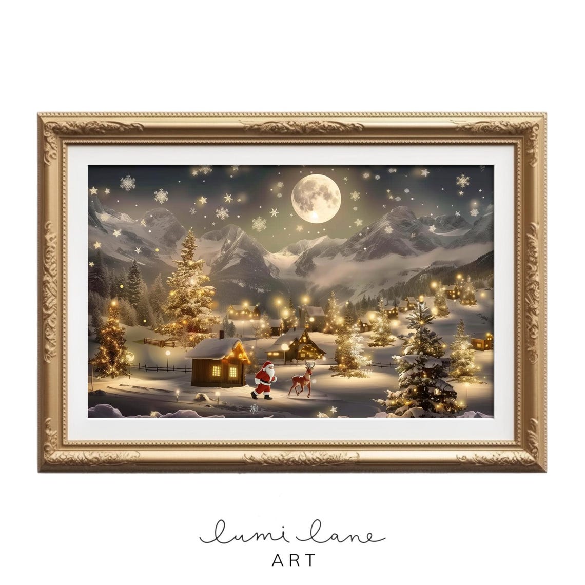 Magical Moonlit Christmas Village With Santa and Reindeer Night Poster