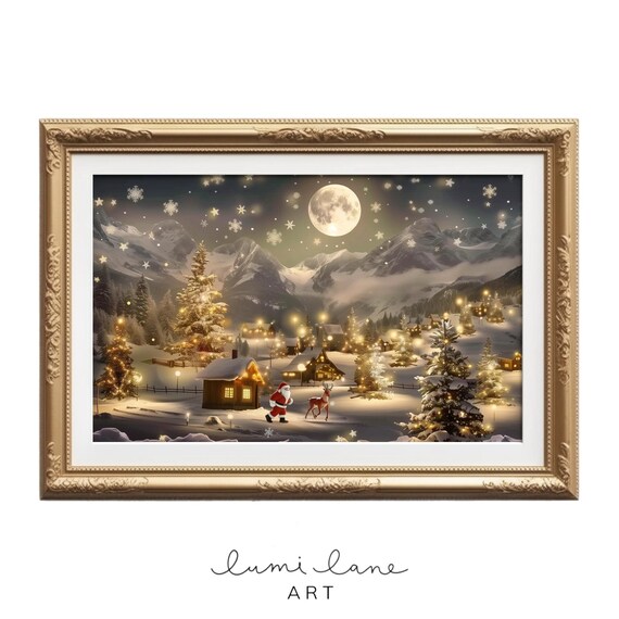 Magical Moonlit Christmas Village With Santa and Reindeer Night Poster