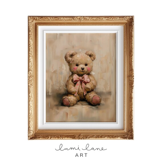 Teddy Bear Pink Bow Art Vintage Toys Inspired Instant Print Square Wall Textured Painting