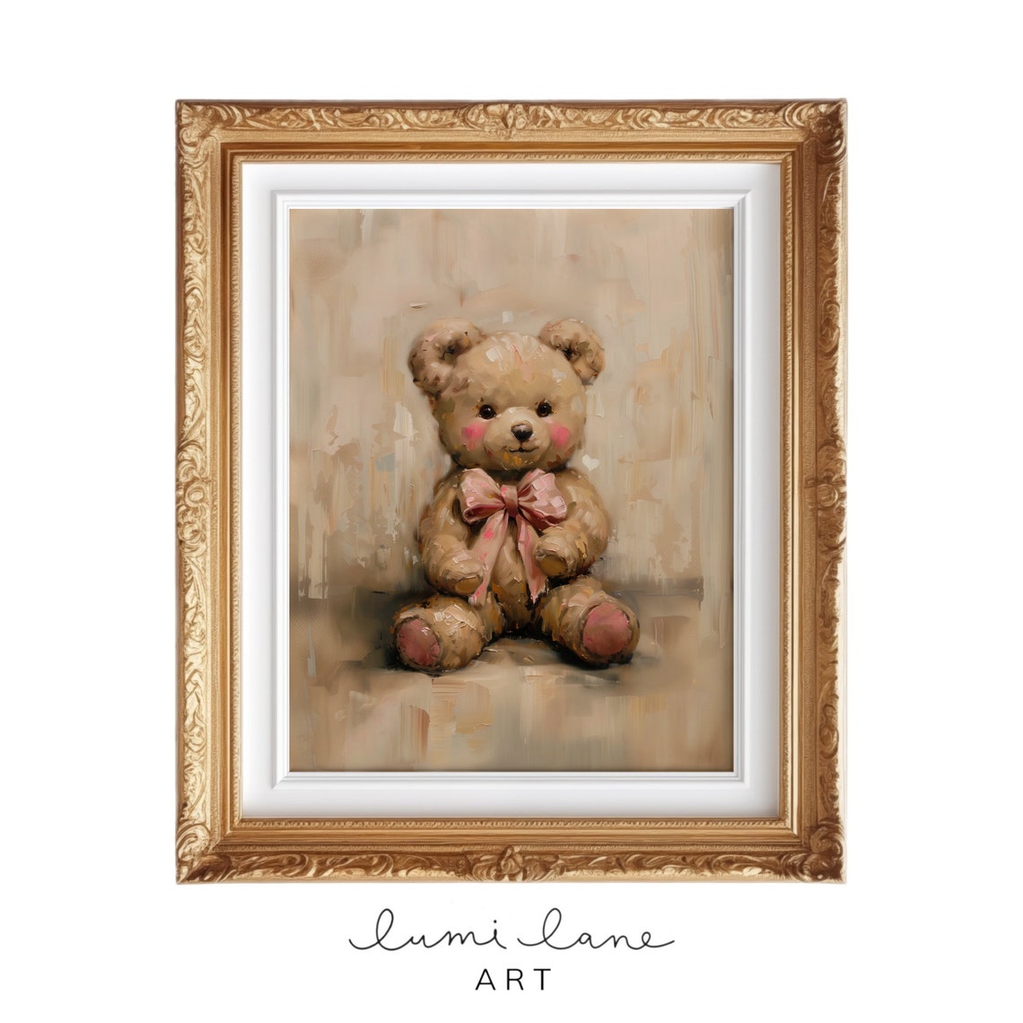 Vintage Teddy Bear Pink Bow Soft Oil Painting Nursery Toy Poster