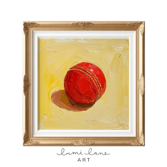Cricket Ball Art Wall Original Oil Textured Painting Print Square Sport Yellow Red Fun