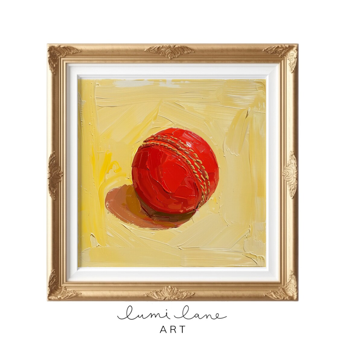 Red Cricket Ball Textured Oil Painting Bold Yellow Sport Poster