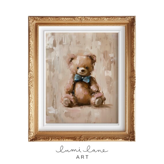 Teddy Bear Blue Bow Art Vintage Toys Inspired Instant Print Square Wall Textured Painting