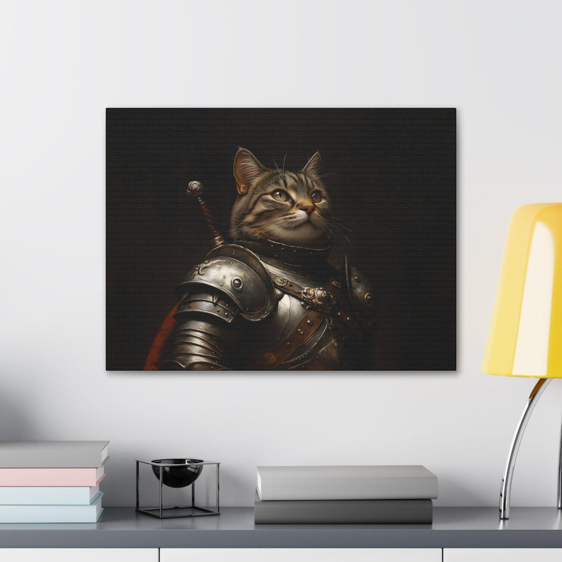 Tabby Cat Knight In Steel Armor With Sword Hilt Dark Portrait Poster - Image 2