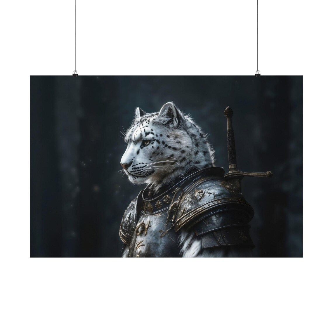 Snow Leopard Knight Medieval Armor Profile Regal Big Cat Warrior Poster - Image 3