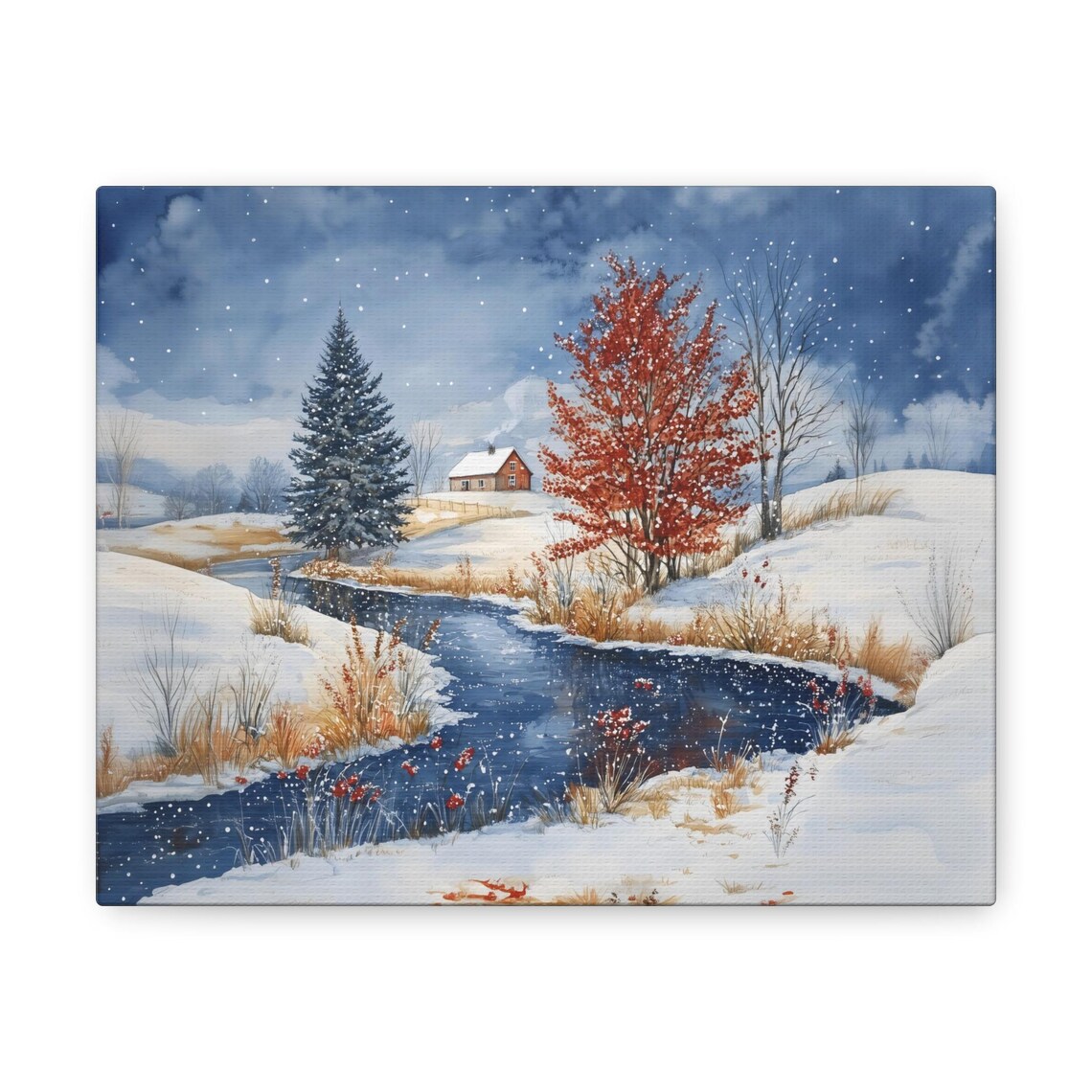 Cabin Beside Winter Stream With Red Autumn Tree In Falling Snow Wall Art - Image 3