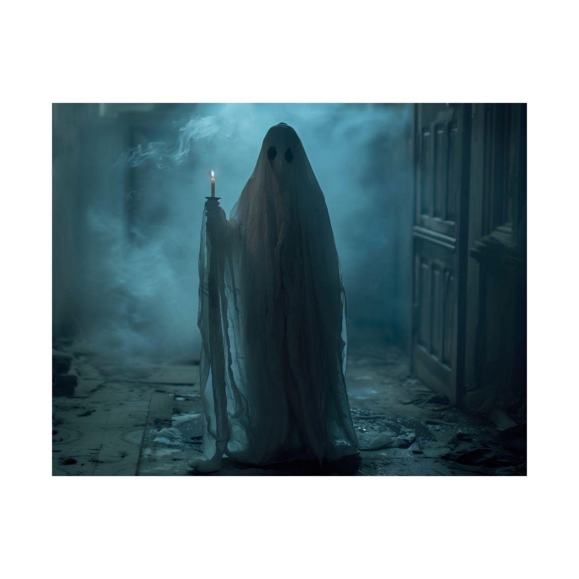 Spooky Sheet Ghost Holding A Candle In A Misty Dark Hallway Poster - Image 3