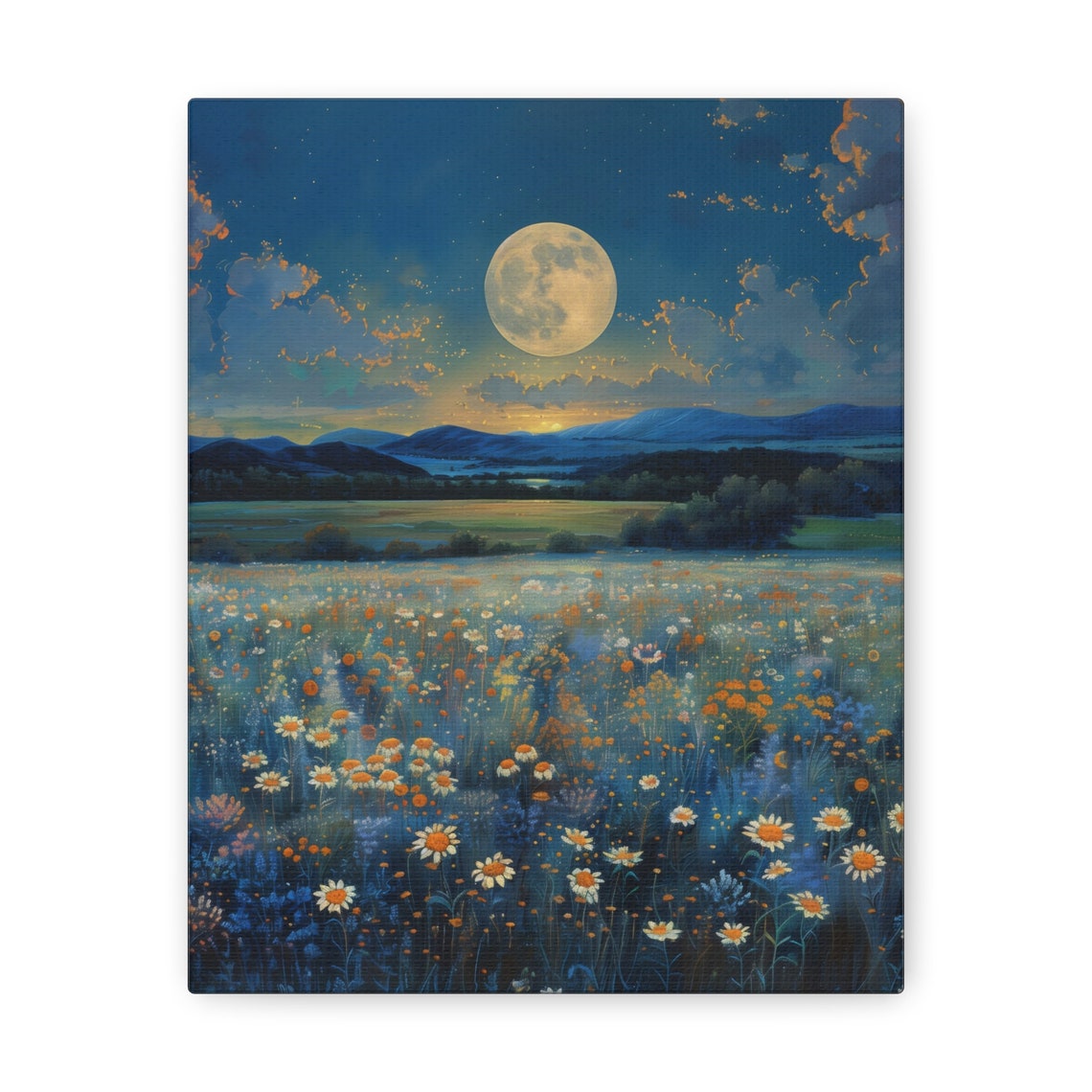 Full Moon Over Moonlit Wildflower Meadow Night Landscape Print - Image 3