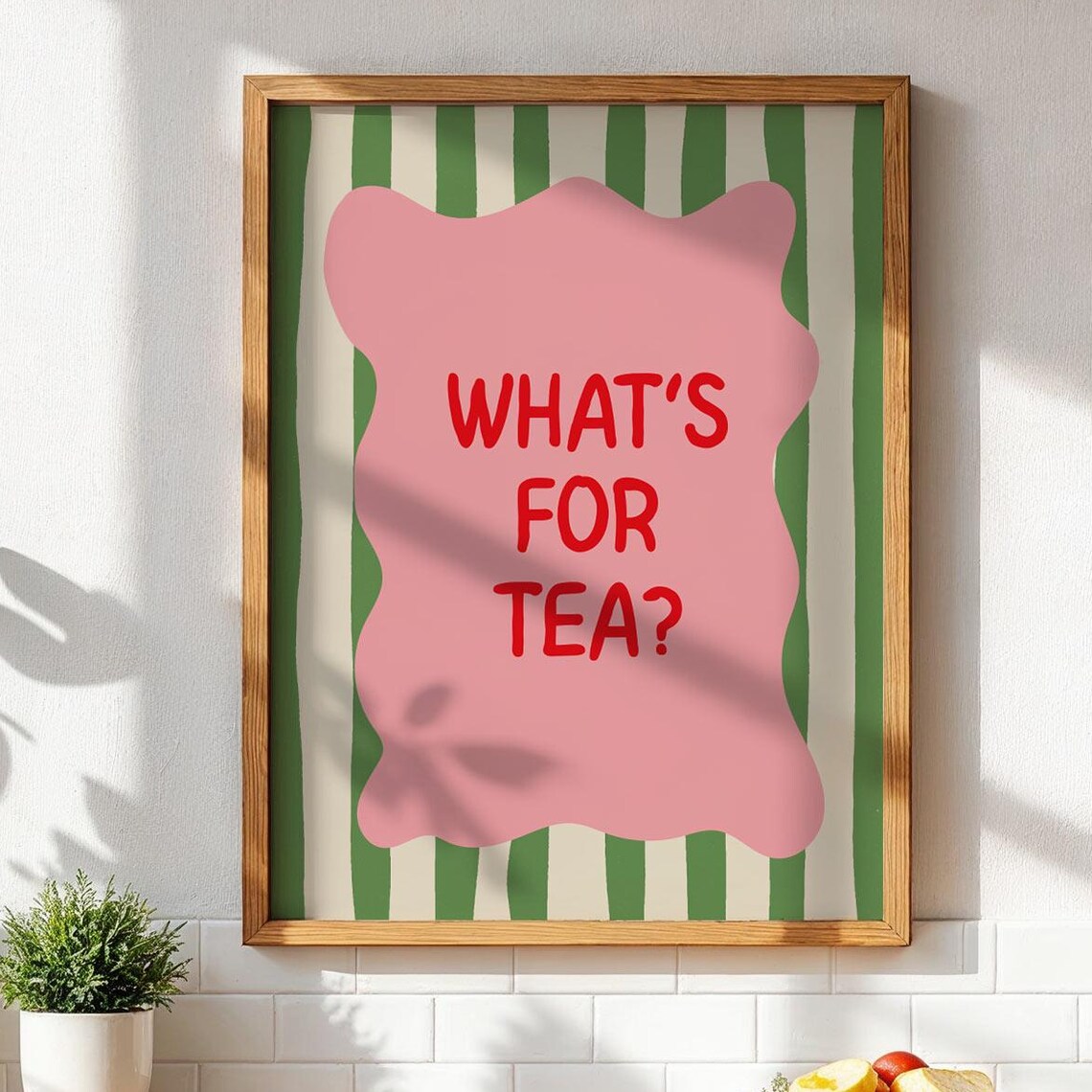 What's For Tea Bold Red Lettering On Green Stripes Retro Kitchen Poster