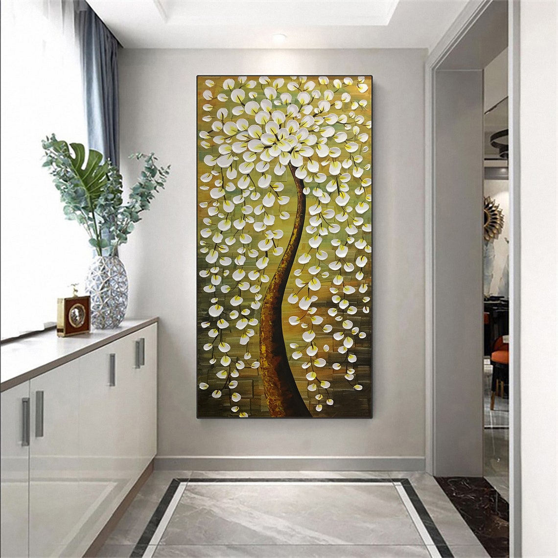 White Gold Weeping Blossom Tree On Warm Olive Canvas Oil Poster - Image 3