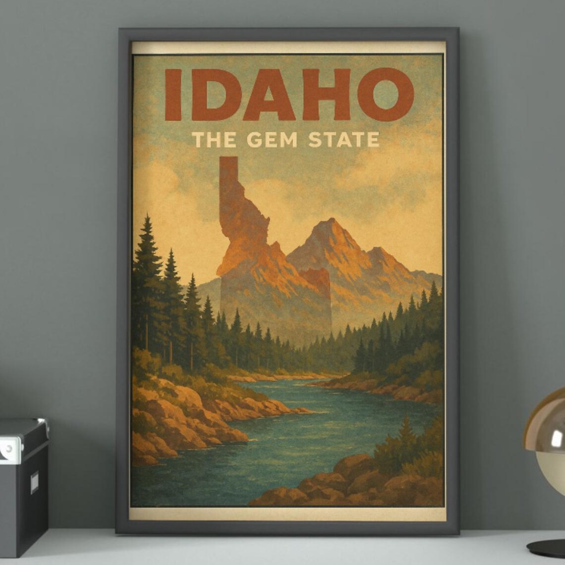 Idaho The Gem State Mountain River Valley Vintage Travel Poster