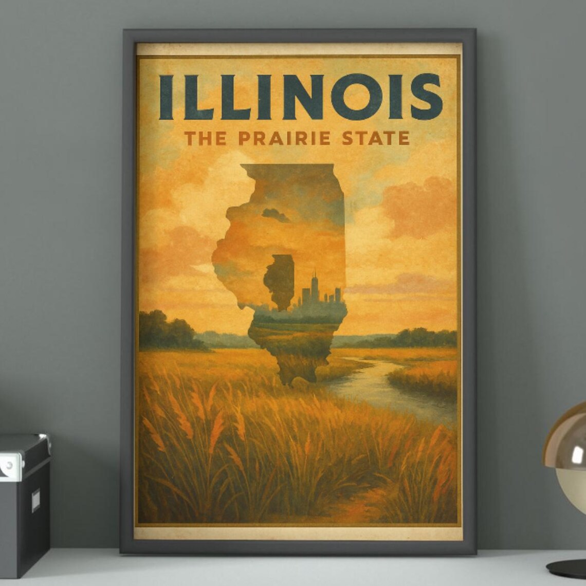 Illinois The Prairie State Chicago Skyline Vintage Travel Poster