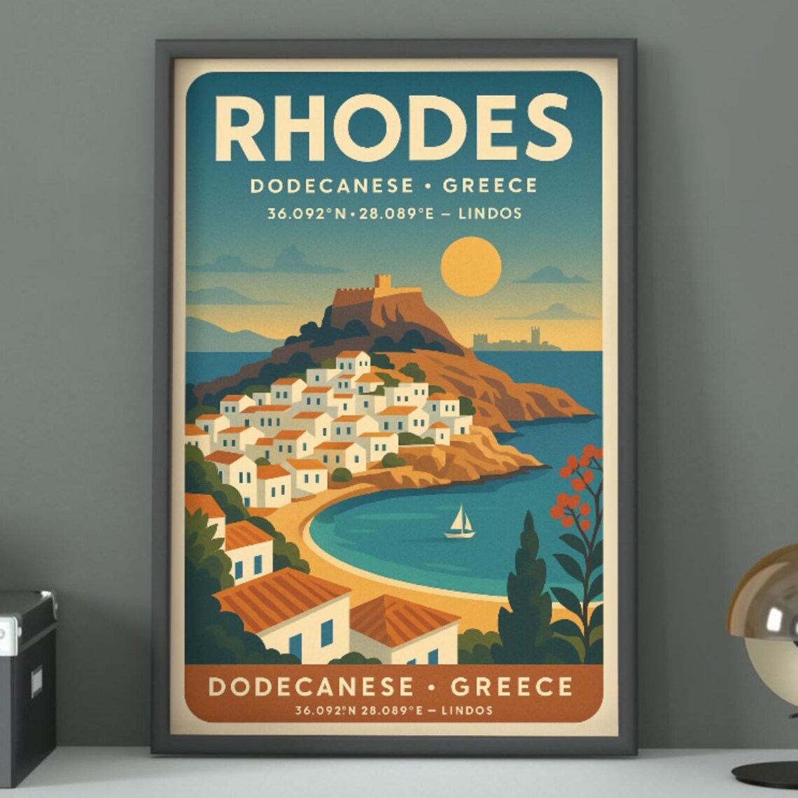 Rhodes Lindos Greece Vintage Aegean Travel Island Village Poster