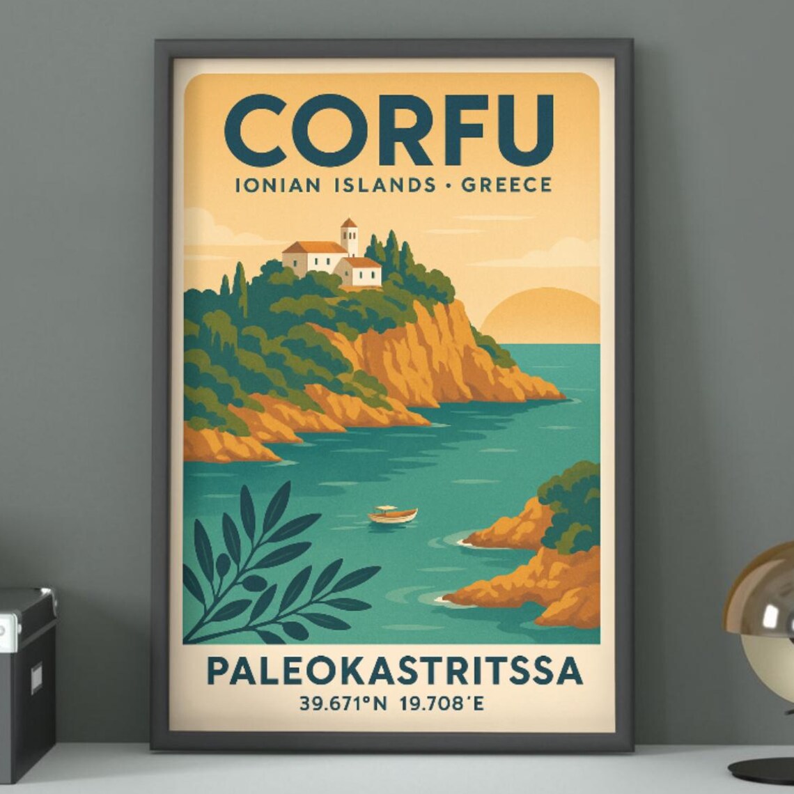 Corfu Greece Vintage Travel Poster Paleokastritssa Bay Cliffs Coastal Art