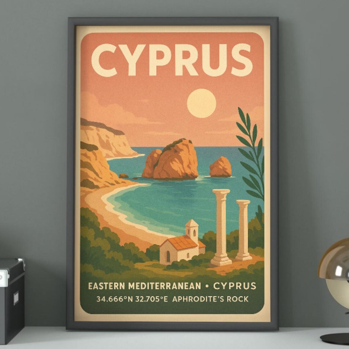 Cyprus Vintage Travel Poster Aphrodite Rock Mediterranean Sunset Art