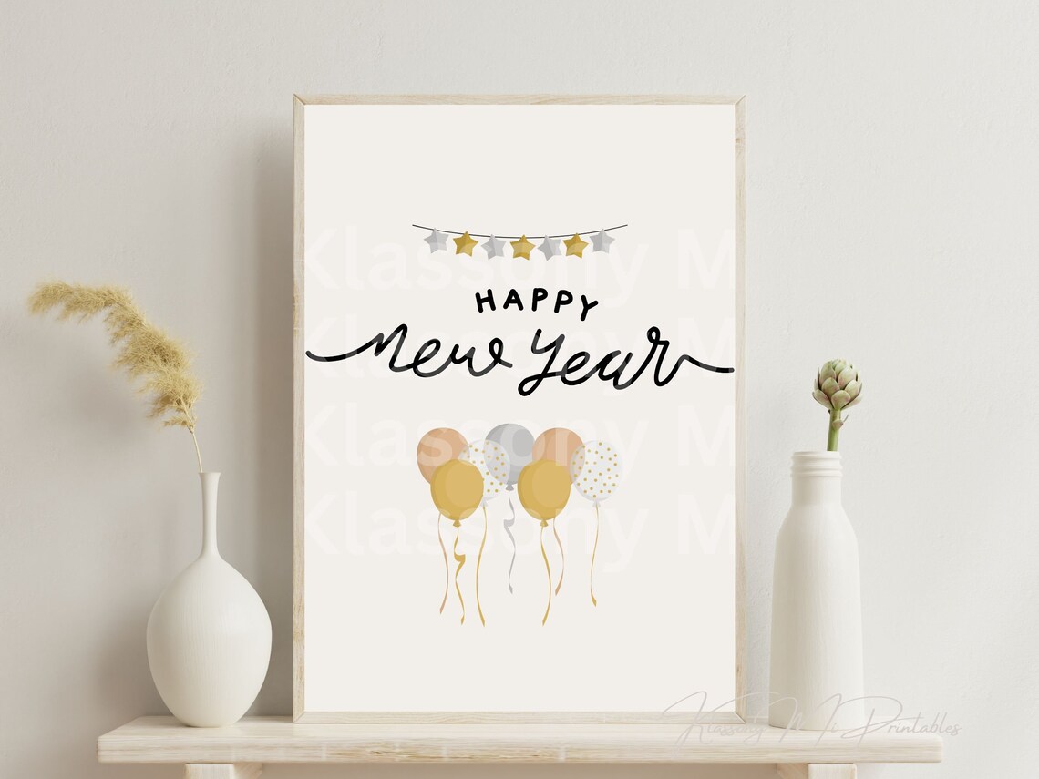 Happy New Year Balloons Stars Garland Cute Pastel Celebration Poster - Image 3