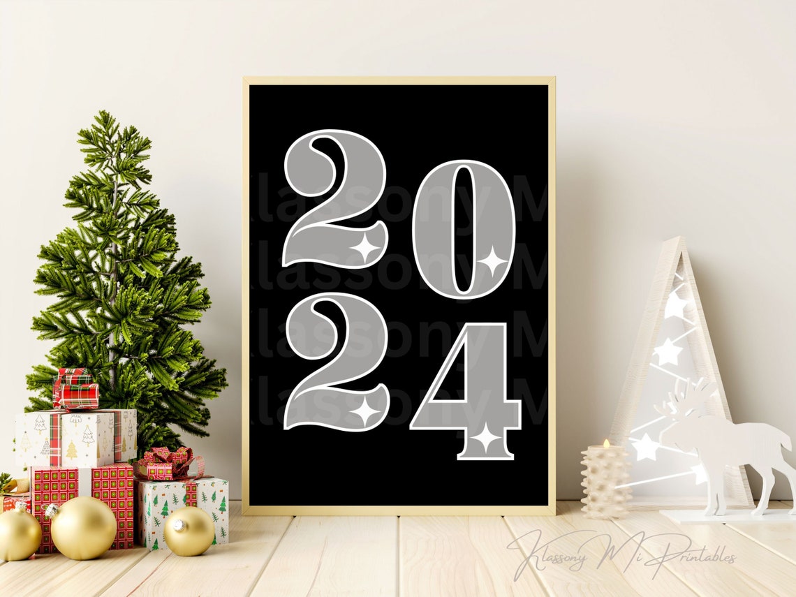 2024 Silver Sparkle Chunky Retro Number New Year Celebration Poster - Image 4