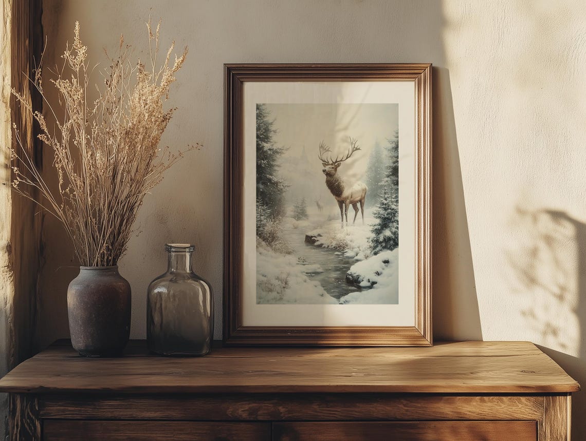 Majestic Elk by a Snowy Creek Among Sunlit Winter Pines Poster