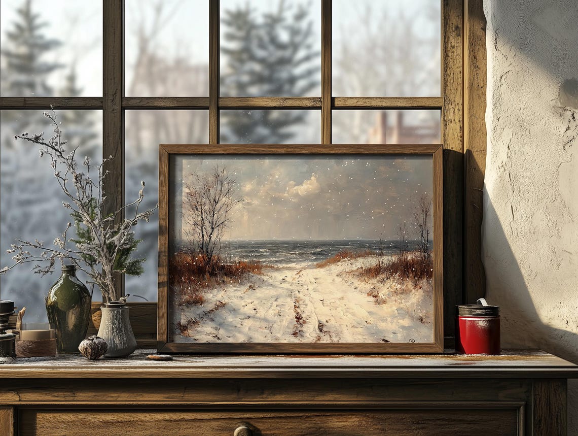 Snowy Lakeside Trail Falling Snow Winter Landscape Scene Poster - Image 5