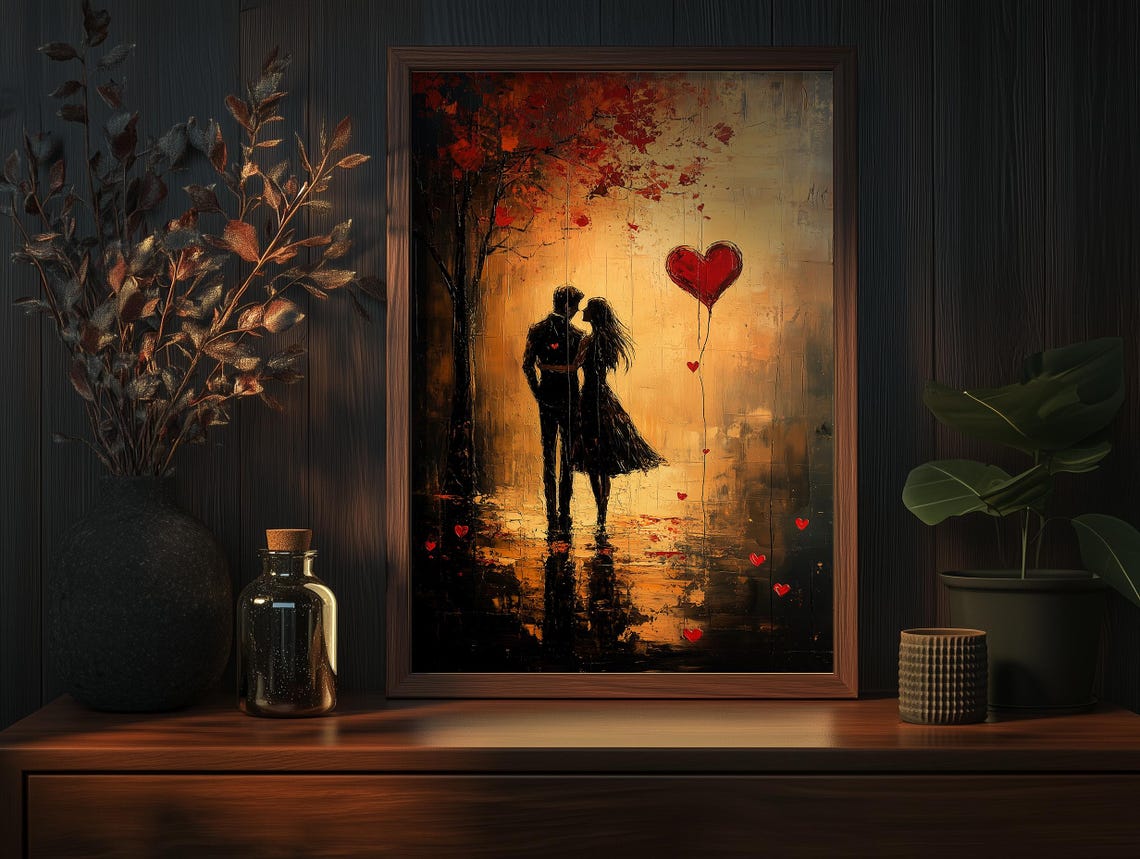 Romantic Lovers Silhouette with Red Heart Balloon Autumn Poster - Image 5
