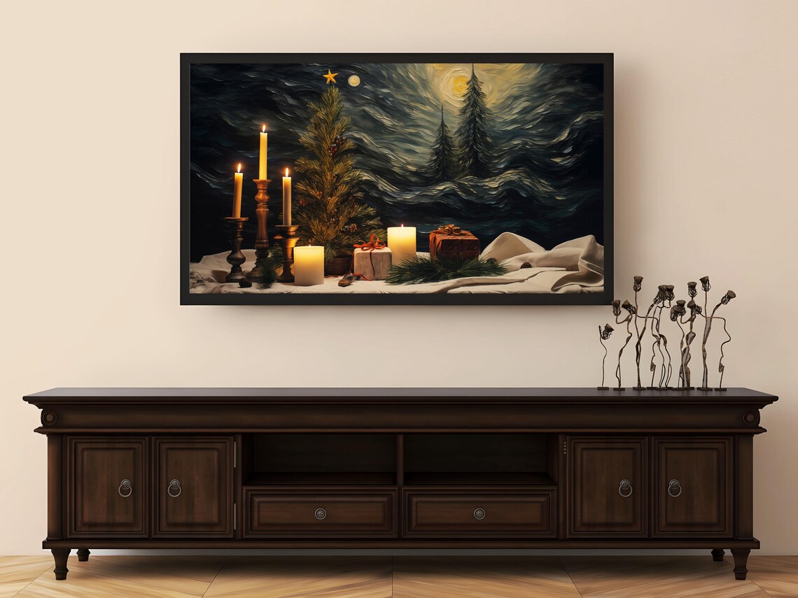 Christmas Tree With Gold Baubles Candles And Gifts By Dark Window Poster - Image 2