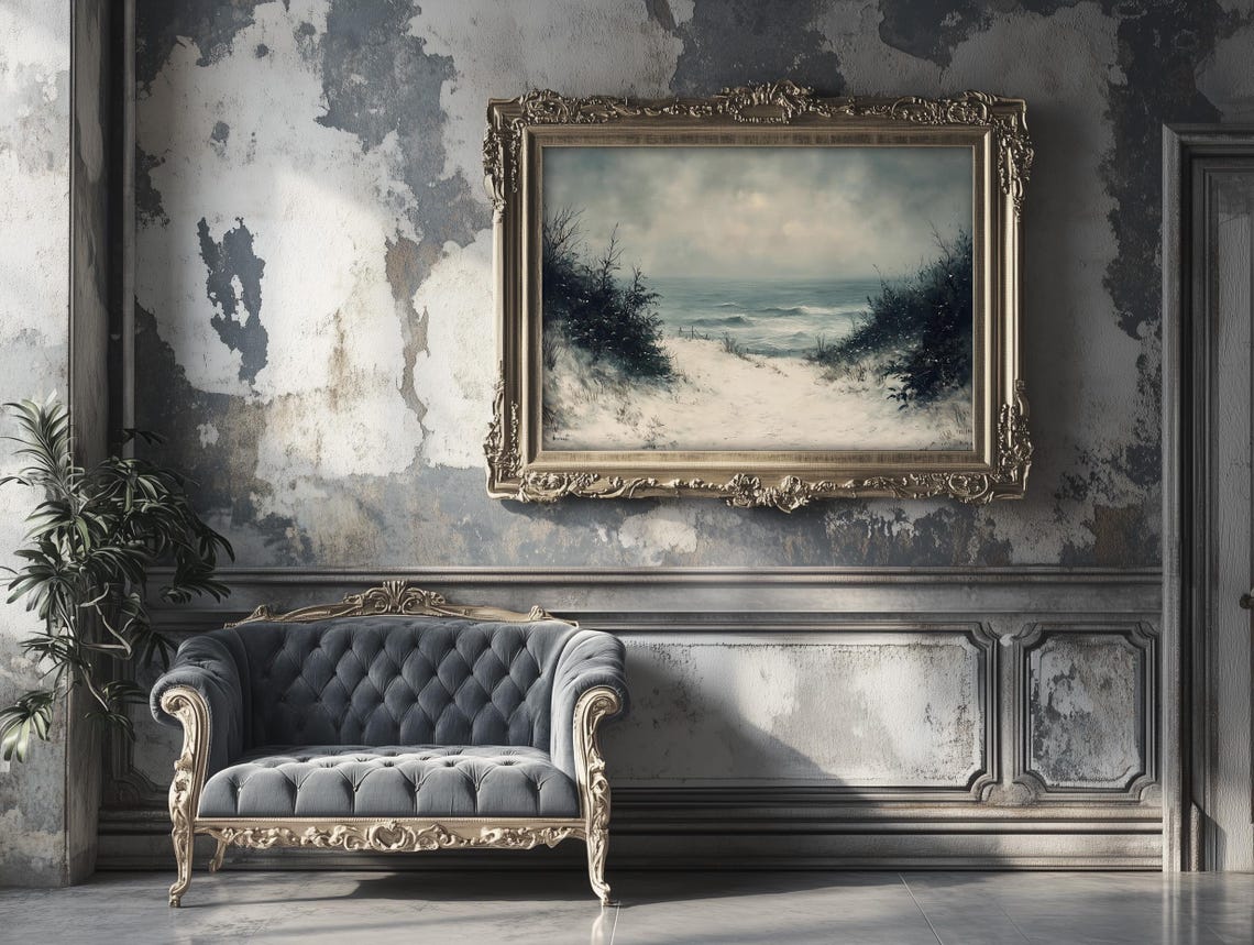 Snowy Beach Path Moody Winter Ocean Seascape Painting Poster - Image 5