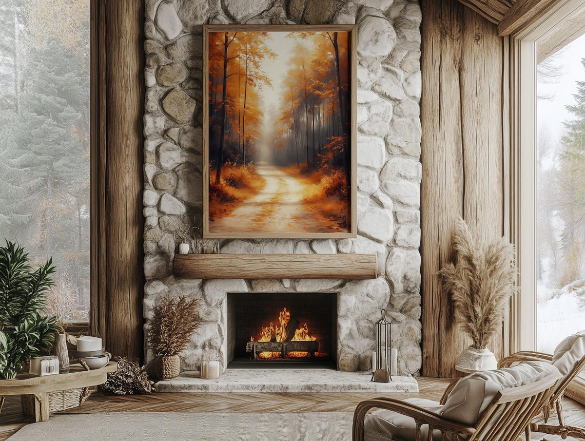 Golden Autumn Forest Path Between Towering Trees In Soft Mist Poster - Image 5