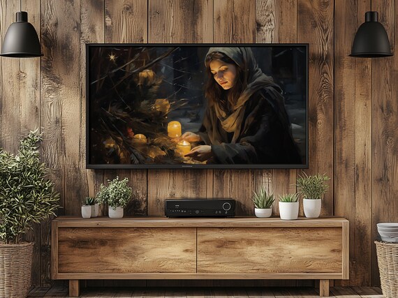 Candlelit Christmas Eve Scene with a Hooded Woman Holiday Poster