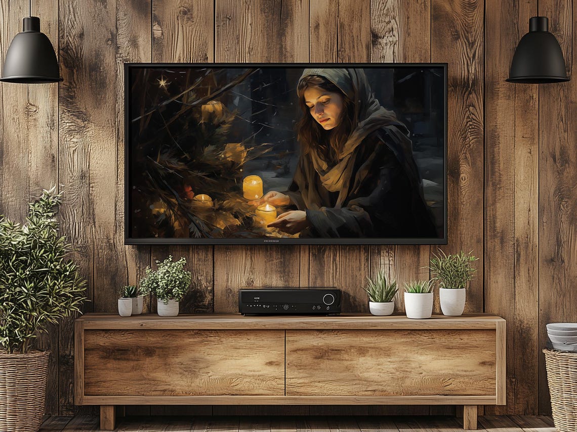 Candlelit Christmas Eve Scene with a Hooded Woman Holiday Poster