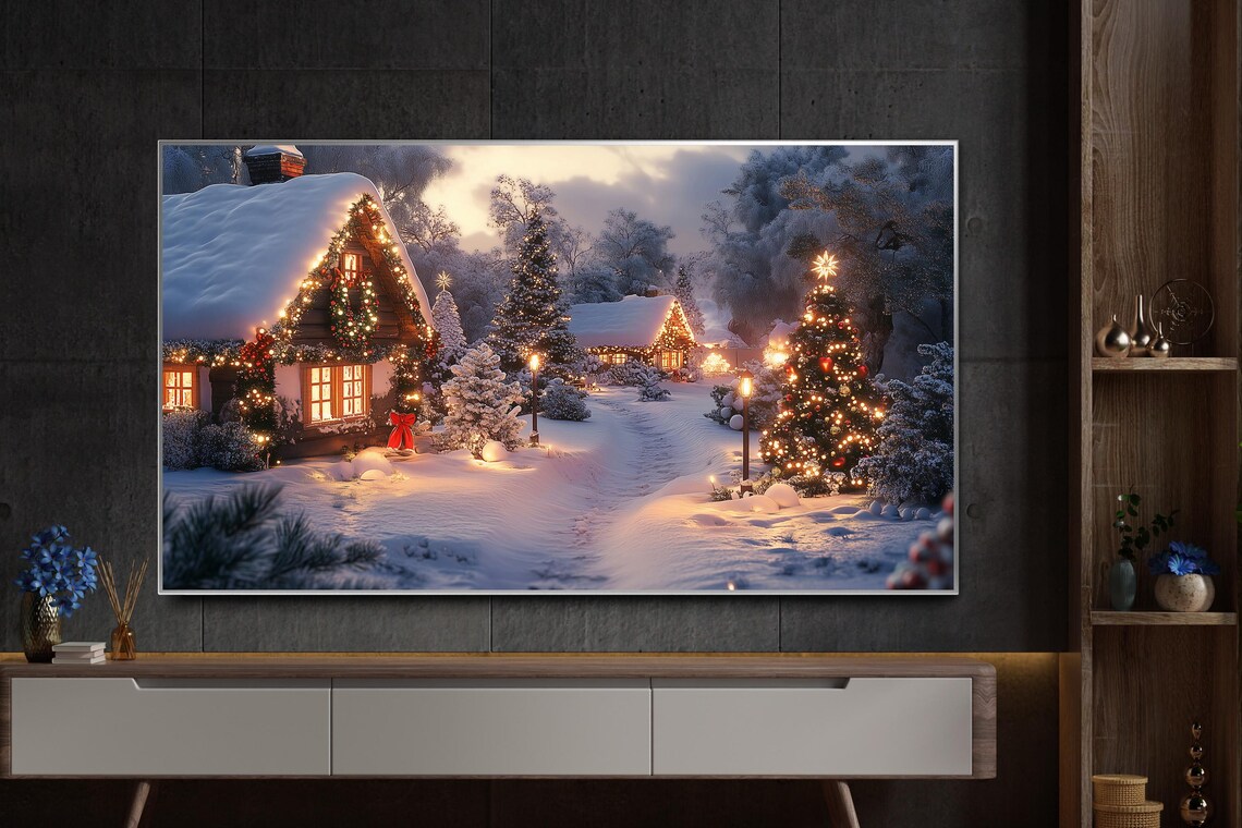 Snow Covered Christmas Cabin With Lights In Glowing Village Poster - Image 2
