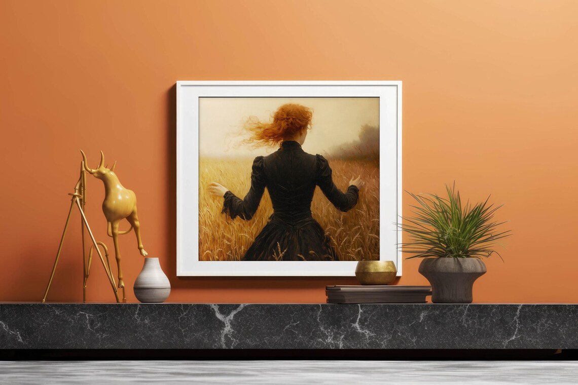 Auburn Haired Woman In Black Gown Facing Golden Wheat Field Dusk Poster - Image 2