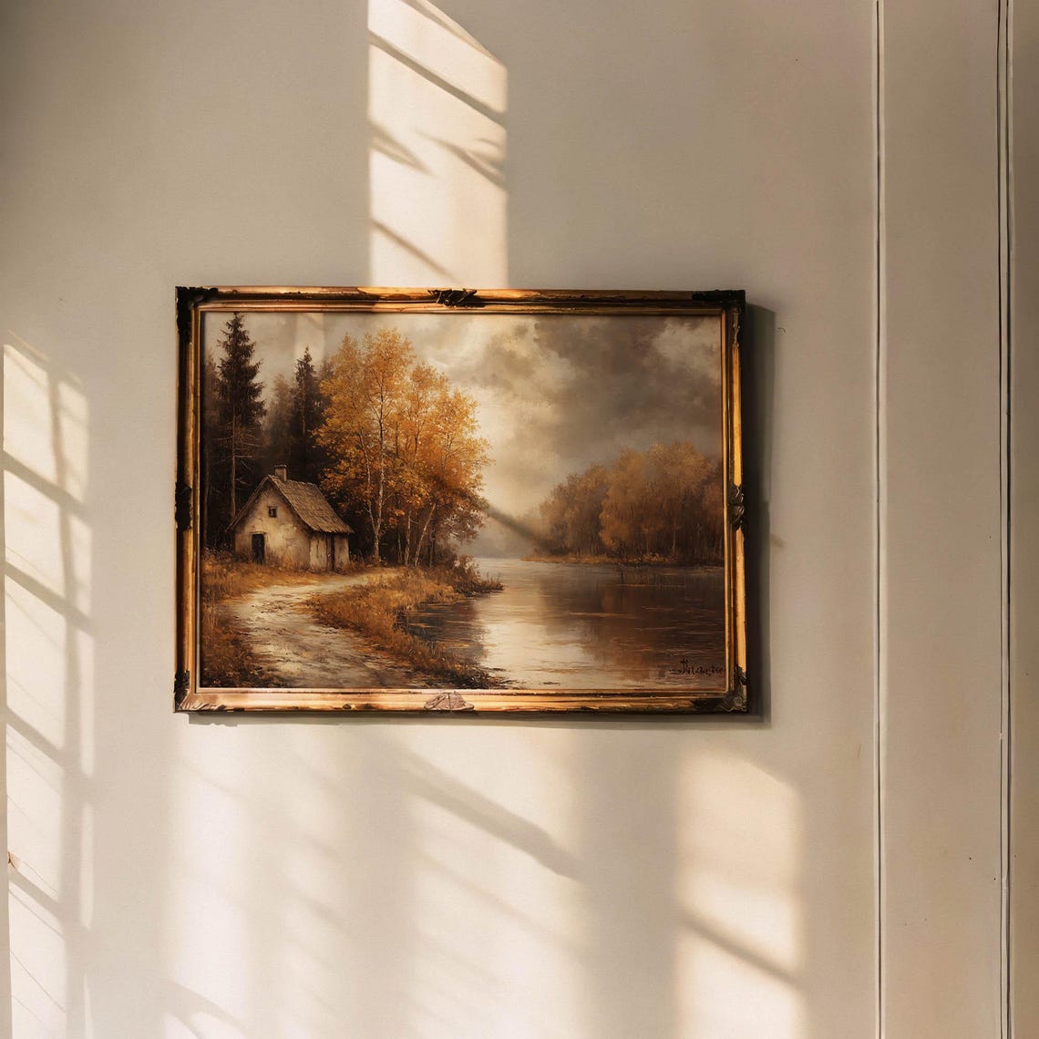 Rustic Cottage By Autumn Lake With Muddy Path Under Cloudy Sky Poster - Image 6
