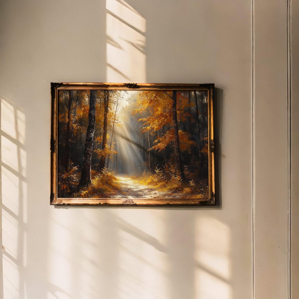 Sunbeams Through Autumn Forest Path Golden Fall Landscape Oil Poster - Image 5