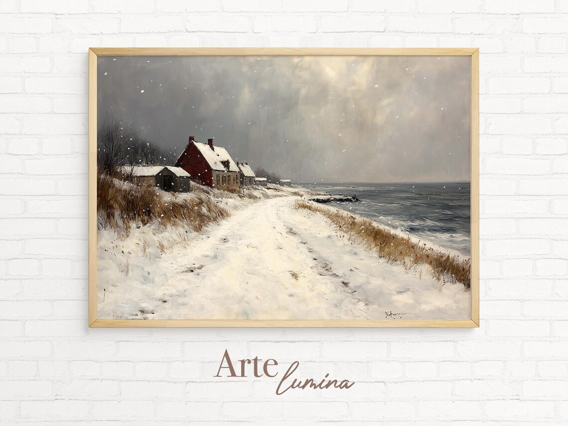 Snowy Coastal Village with a Red Farmhouse Winter Art Poster - Image 7