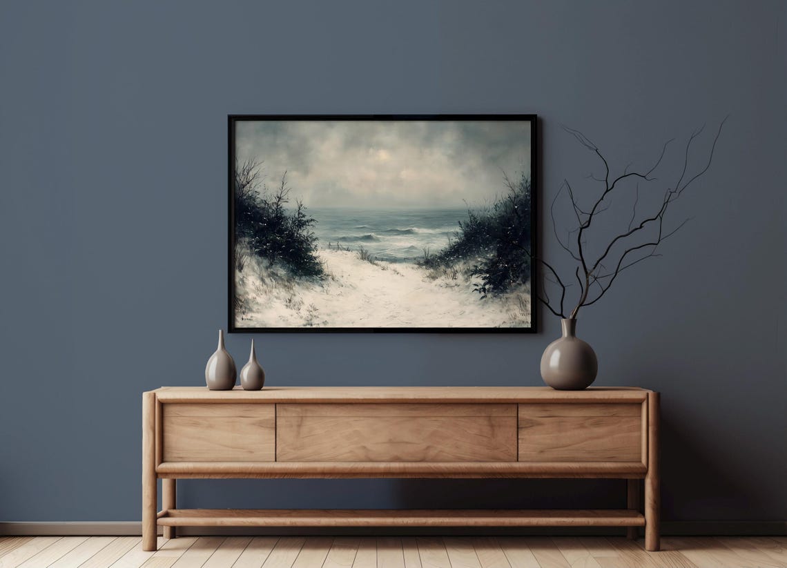 Snowy Beach Path Moody Winter Ocean Seascape Painting Poster - Image 7