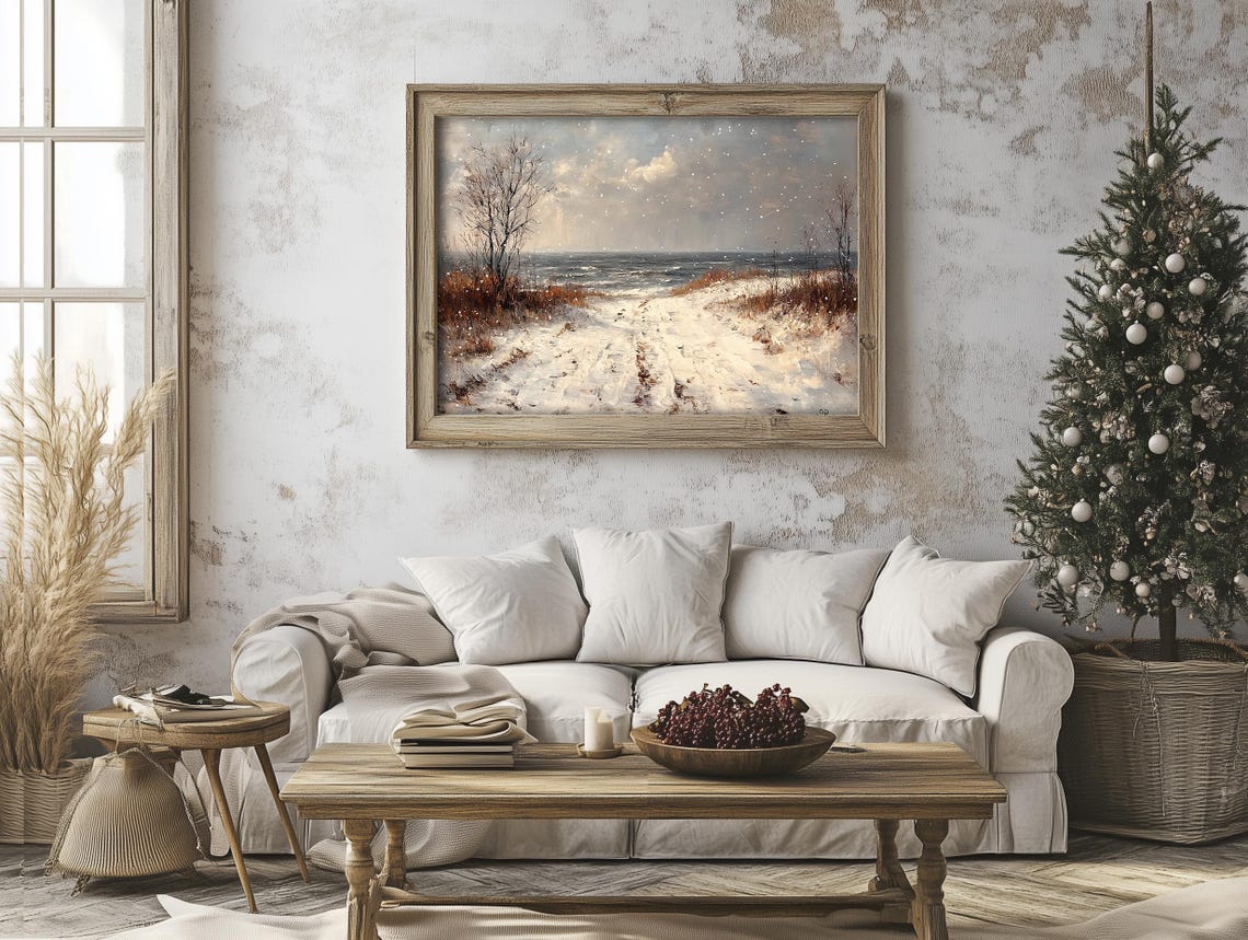 Snowy Lakeside Trail Falling Snow Winter Landscape Scene Poster - Image 7