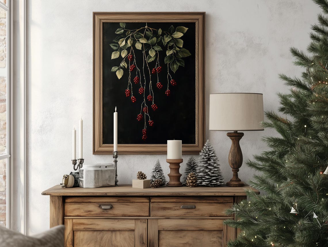 Cascading Dark Red Berries Botanical Branch Moody Art Poster - Image 7