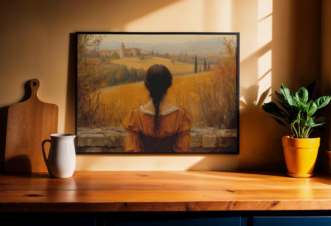 Woman in Amber Dress Overlooking Golden Tuscan Hillside Poster - Image 2
